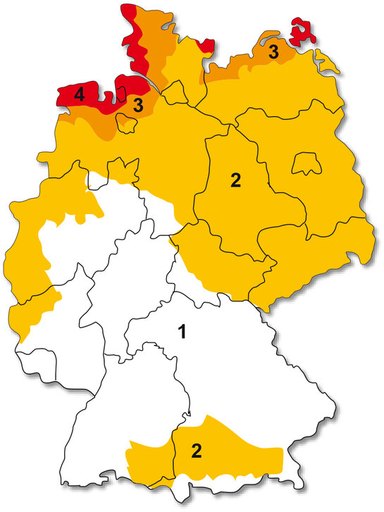 Figure 1: Wind zone map in accordance with DIN 1055-4:2005-03, Annex A